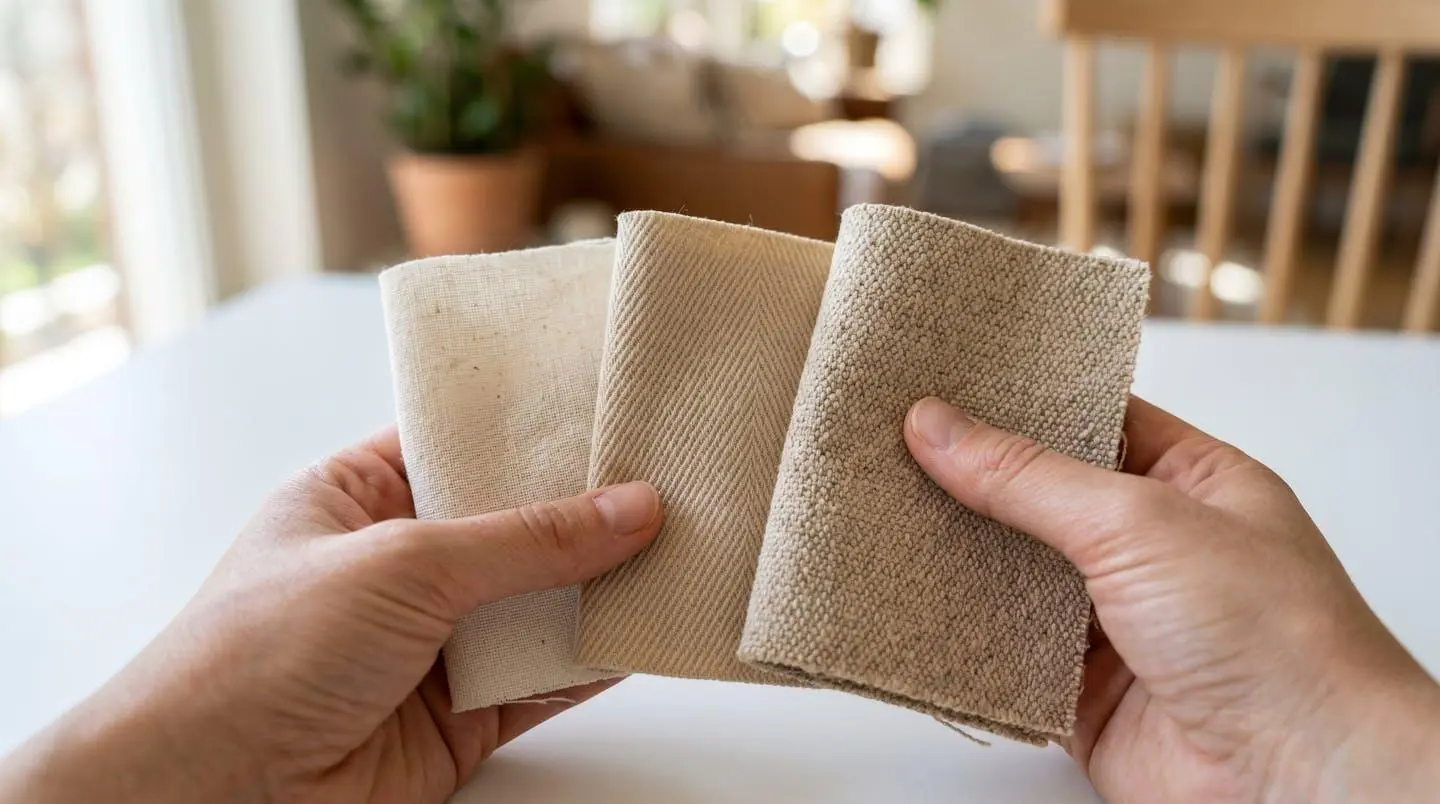 Gros plan sur des mains tenant trois échantillons de tissus de tote bags montrant différentes textures et épaisseurs de grammage