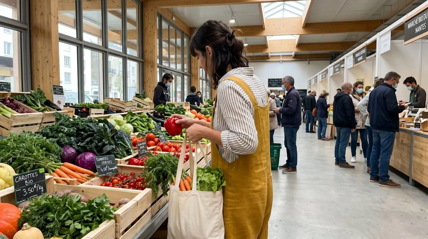 Une personne vue de dos remplit un tote bag réutilisable de produits frais dans un marché couvert moderne et lumineux