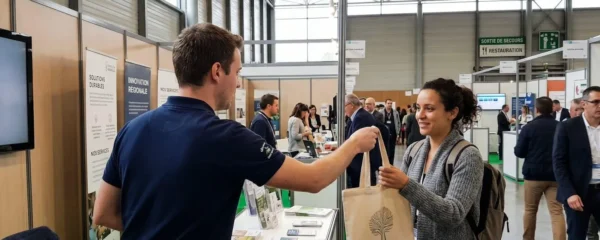 Vue en contre-plongée d'un salon professionnel moderne où une personne tend un tote bag personnalisé à un visiteur lors d'un échange sur un stand